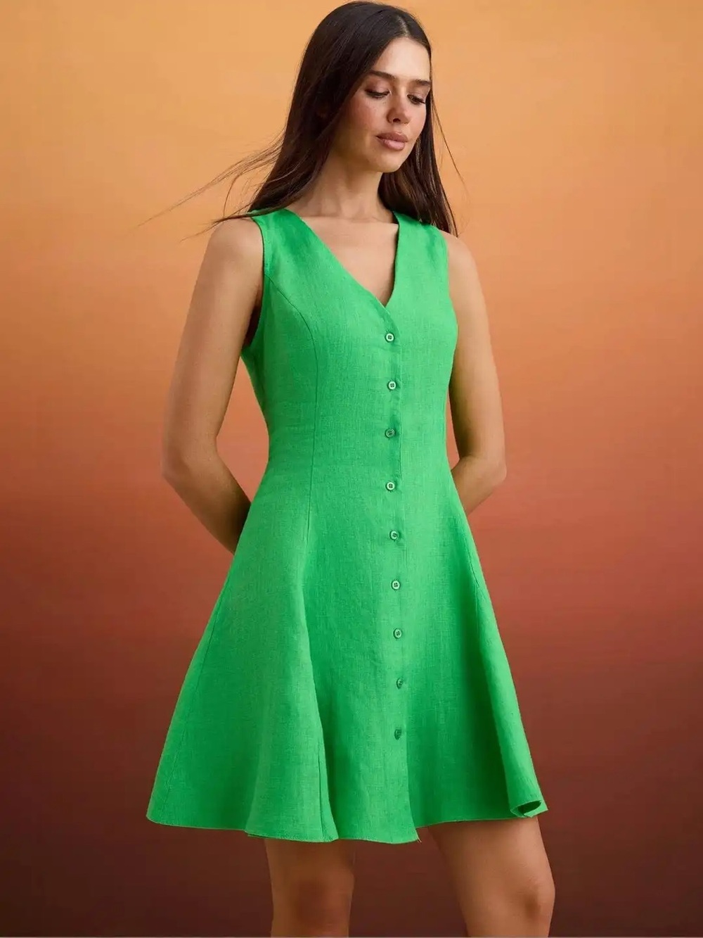 J. Crew 100% Linen A Linen Dress in Bright Kelly Green Button Front Tie Back 2